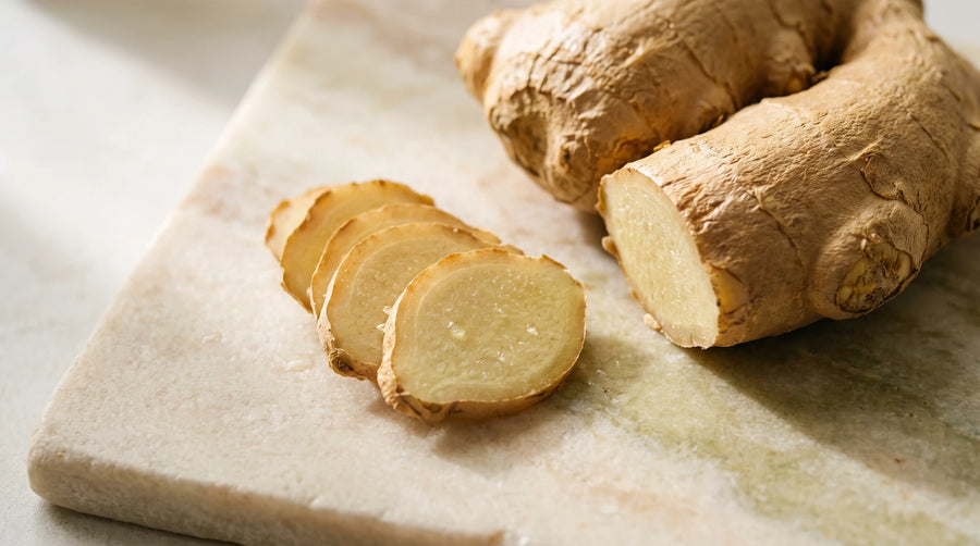 Raíz de jengibre fresca con rodajas cortadas
