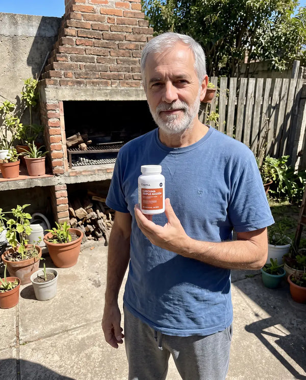 Hombre sosteniendo el frasco de Cúrcuma Triple Acción en el patio de su casa